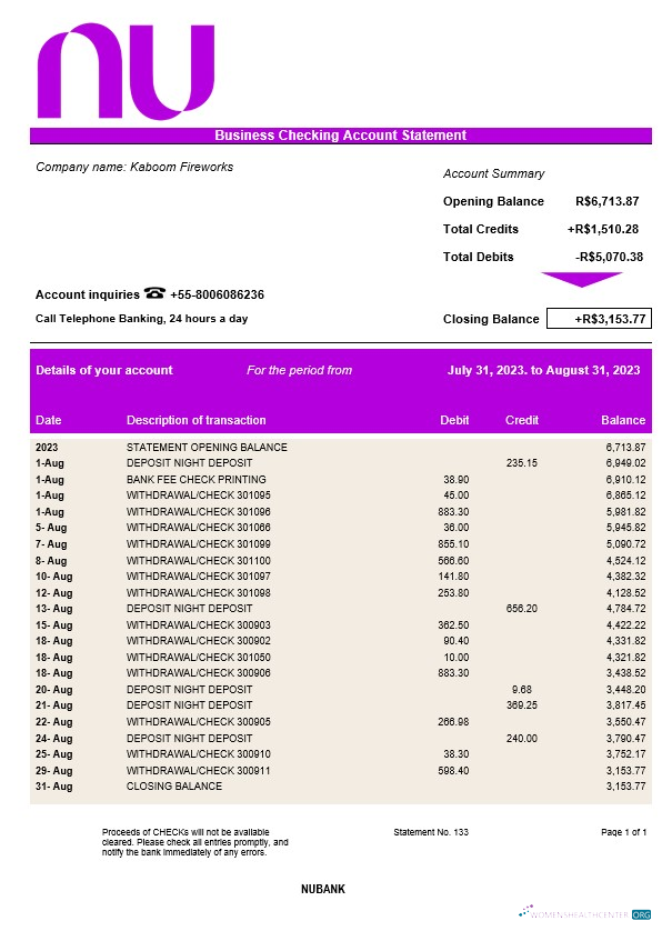 Download Nubank corporate checking account statement Word and PDF template Photoshop template